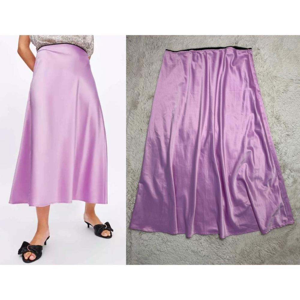 Zara Lavender Purple Satin A-Line Midi Skirt Black Contrast Trim Size L
